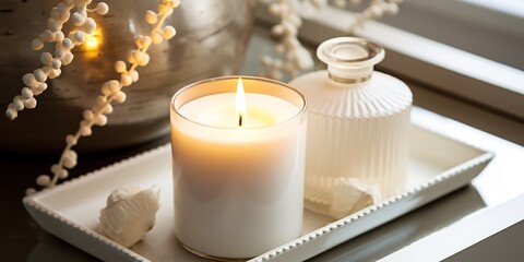 Wall Mural - A candle on a white tray looks realistic, beautiful and comfortable