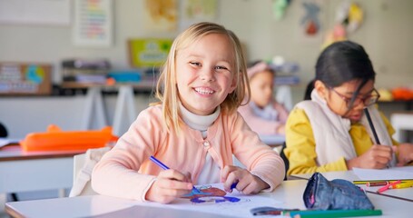 Poster - Smile, writing and study with girl in classroom for learning, knowledge and education. Scholarship, happy and future with portrait of young student at school for academy, exam test and project