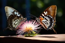 Two Butterflies Drinking Nectar From The Same Flower