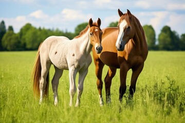 Wall Mural - a pair of horses grazing together in a field