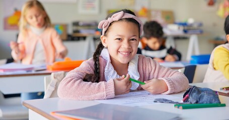 Poster - Smile, education and study with girl in classroom for learning, knowledge and writing. Scholarship, happy and future with portrait of young student at school for academy, exam test and project