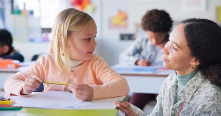 Aufkleber - Teacher, girl and help with writing, classroom and book for education, motivation and mentor for learning. Woman, development and student for goal, drawing and info with support, question or school