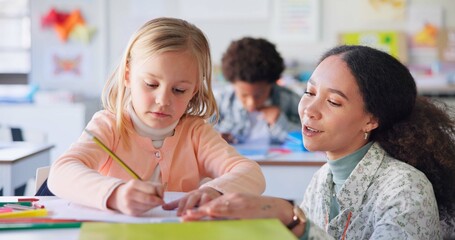 Aufkleber - Teacher, girl and help with writing, class and book for education, motivation and mentorship with learning. Woman, development and student for goal, knowledge or info with support, school or academy