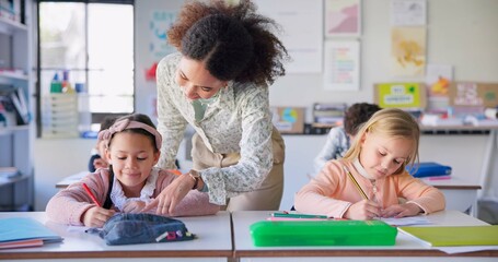 Poster - Help, teacher and woman in a classroom, students and education with studying, conversation and knowledge. Person, educator and children writing, learning and kids with answers, explain and lessons