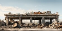 Wrecked Building Panorama With Concrete Debris And Huge Beam On Isolated White Background - Symbol Of Destruction, Remains, Waste, And Recycling