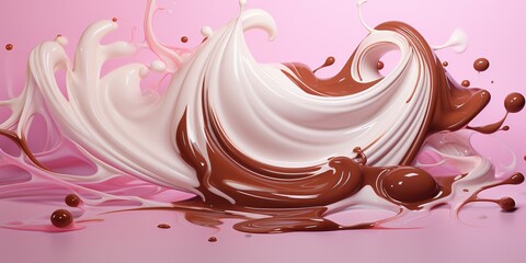 Sticker - A painting of flowing chocolate and white liquid on a beige background with a pink background and a white and pink background with a white and brown swirl.