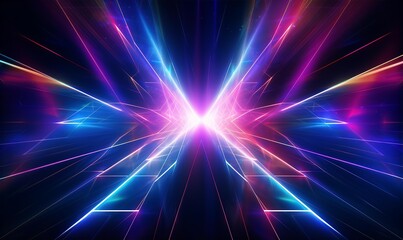 Wall Mural - 3d rendering in neon light, bunched lines on horizon, display as space with objects, abstract backgr