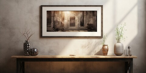 Wall Mural - A picture on a table leaning on the white wall.