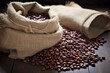 certified fair trade coffee beans in a burlap bag