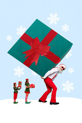 Wall Mural - Postcard 3d collage poster of cool funky jolly glamour santa claus carrying huge big heavy giftbox isolated on drawing background