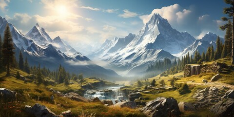 Wall Mural - A view of a mountain range with a forest in the foreground.