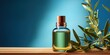 Brown glass dropper bottle with eucalyptus serum or oil on glass shelf on blue background with eucalyptus branches and shadows. Natural cosmetics based on fermented products.