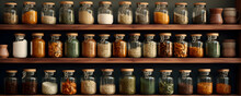 Storage Shelf With Glasses And Jars Of Ingredients, Herbs And Spices