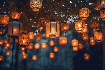 Wall Mural - Paper lanterns at Loi Krathong festival in Chiang Mai, Thailand. Chinese lanterns at night in Chinatown