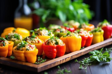 Wall Mural - stuffed bell peppers decorated with fresh herbs on a tray