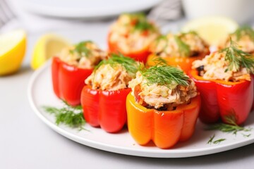 Wall Mural - close view of stuffed peppers with tuna on a white plate