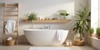 Modern sustainable white bathroom interior with bathtub, bath accessories and white towel on wooden shelf with potted plants. Eco friendly bathroom interior.
