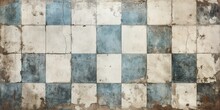 Old Blue White Rusty Vintage Worn Shabby Patchwork Checkered Chess Chessboard Lozenge Diamond Rue Motif Tiles Stone Concrete Cement Wall Texture Background Banner