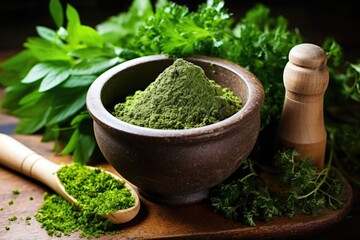 Poster - mortar and pestle with ground herbs