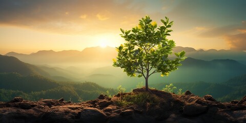 Wall Mural - Panorama small tree growing with sunrise. green world and earth day concept