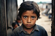 © ADDICTIVE STOCK - Generative AI image of serious ethnic kid standing in street while looking at camera against blurred background