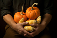 AI Generative Images Of Anonymous Hands Of Woman Holding Pumpkins And Corns