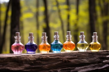 Canvas Print - body oils on a wooden table in a misty forest