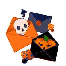 Halloween Postcards And Letters With Skull, Pumpkin And Mushrooms