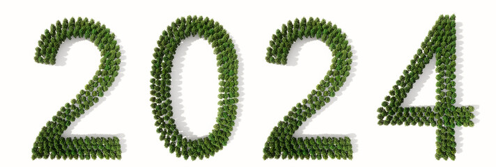 Wall Mural - Concept or conceptual 20234 year made of green forest tree isolated on white background. An abstract 3D illustration as a  metaphor for future, celebration, nature,   environment, ecology and climate