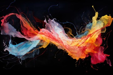 Poster - Abstract Colorful Splattering Lines on Black Background, Watercolor