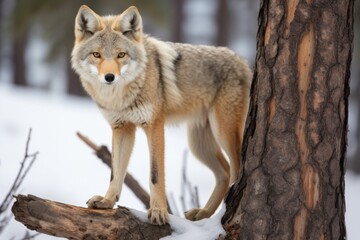 Poster - a coyote marking its territory on a tree