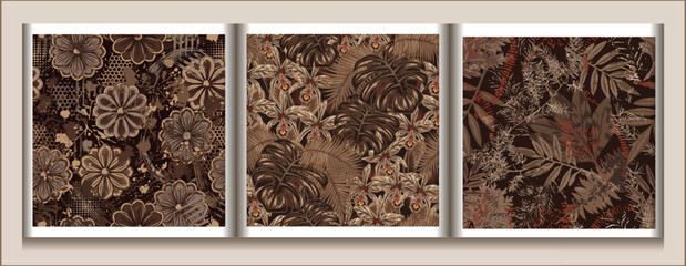 Wall Mural - Seamless brown camouflage patterns with nature elements. Floral motifs with leaves, flowers, abstract shapes. For apparel, fabric, textile, sport good design.