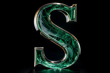 Poster - Beautiful natural 3D gemstone font design, alphabet letter S with glossy green emerald texture and gold border isolated on black background, precious stone crystal abc for luxury and jewelry concepts