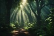 Dark rainforest sun rays through the trees rich jungle greenery Atmospheric fantasy forest 3D