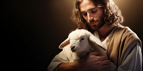 Wall Mural - Jesus Christ gently holding a cute lamb with sense of protection and care