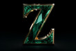Beautiful natural 3D gemstone font design, alphabet letter Z with glossy green emerald texture and gold border isolated on black background, precious stone crystal abc for luxury and jewelry concepts