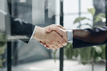 executives shaking hands in front of their manager and a colleague