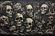 a woodcut of skulls moody high contrast, in the style of woodcut and linocut, primitive imagery, holotone printing, whimsical narratives