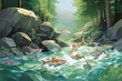 cartoon scene with fishes swimming in the river - illustration for children, Fishes go for spawning upstream, AI Generated