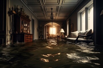 Sticker - Luxury hotel room interior. 3D rendering and illustration, flooded house with rooms full of water, AI Generated