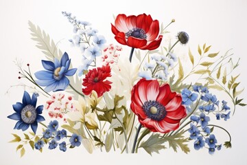 Canvas Print - Watercolor bouquet of red and blue anemones on white background, floral painting with red, white, and blue flowers on a white background, AI Generated