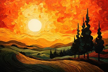 Poster - Sunset over the hills with trees. Illustration. Digital painting, Forest landscape, swirling orange sky, empty background, colorful, Van Gogh style painting, AI Generated