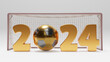 3d rendering, the golden date of the new year 2024 and a golden soccer ball with a soccer goal. 3d illustration of sporting successes and victories in the new year 2024. Isolated on a white background