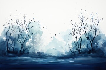 Wall Mural - A watercolor painting of trees and a body of water.