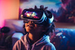 © ADDICTIVE STOCK - Generative AI image of positive African American boy in VR goggles smiling while exploring cyberspace in decorated room at home