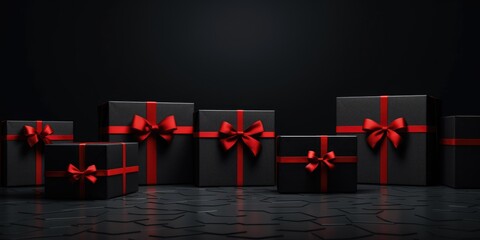 A group of black and red gift boxes with red bows, Black Friday background