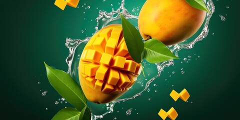 Sticker - slices of perfectly ripe mango fruit with water splash illustration on a green background