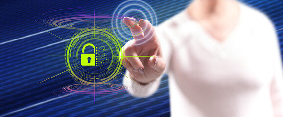 Wall Mural - Woman touching a cybersecurity concept