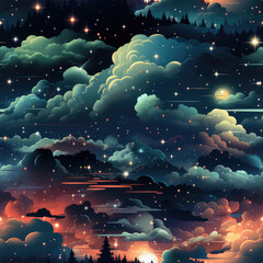 Wall Mural - Night sky cartoon repeat pattern