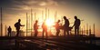© Graphic Warrior - AI Generated. AI Generative. Silhouette of construction workers at high building work at sunset time day. Real estate agency cunstruction promotion